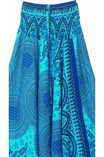 bőszárú, ejtett, ülepű, aladdin, nadrág, gumis, derekú, tenger, kék, színes, mandala, mintás, viszkóz, pamut, lezser, női divat, trend, bohém, elegáns, egyedi, különleges, szellős, kényelmes
