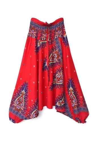 bőszárú, ejtett, ülepű, aladdin, nadrág, gumis, derekú, piros, színes, pávatoll, mintás, viszkóz, pamut, lezser, női divat, trend, bohém, elegáns, egyedi, különleges, szellős, kényelmes