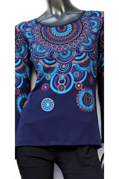 hosszú ujjú, pamut, felső, hímzett, színes, kék, mandala, mintás, karcsúsított, egyedi, elegáns, női, divat, bohém, trend