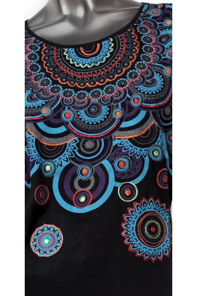 rövid ujjú, pamut, felső, hímzett, fekete, kék, narancs, mandala, mintás, karcsúsított, egyedi, elegáns, női, divat, bohém, trend