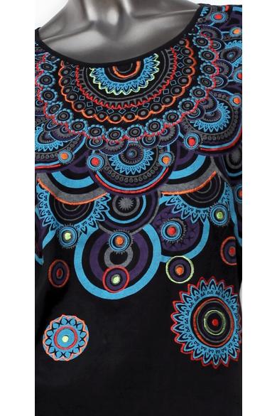 rövid ujjú, pamut, felső, hímzett, fekete, kék, narancs, mandala, mintás, karcsúsított, egyedi, elegáns, női, divat, bohém, trend