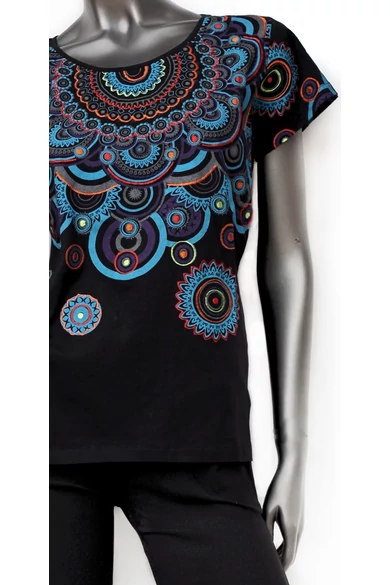 rövid ujjú, pamut, felső, hímzett, fekete, kék, narancs, mandala, mintás, karcsúsított, egyedi, elegáns, női, divat, bohém, trend