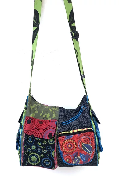 pamut, zsebes, válltáska, cipzáras, bélelt, színes, patchwork, mintás, kék, piros, zöld, sárga, barna, fekete, narancs, textil, egyedi, női, kiegészítő, divat, trend