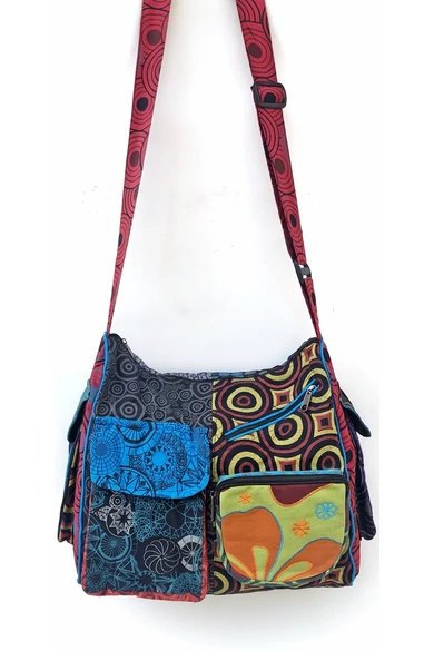 pamut, zsebes, válltáska, cipzáras, bélelt, színes, patchwork, mintás, kék, piros, zöld, sárga, barna, fekete, narancs, textil, egyedi, női, kiegészítő, divat, trend