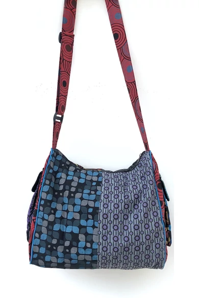 pamut, zsebes, válltáska, cipzáras, bélelt, színes, patchwork, mintás, kék, piros, zöld, sárga, barna, fekete, narancs, textil, egyedi, női, kiegészítő, divat, trend