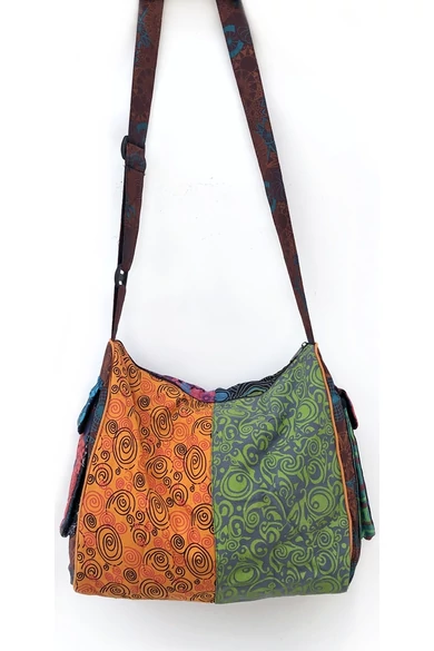 pamut, zsebes, válltáska, cipzáras, bélelt, színes, patchwork, mintás, kék, piros, zöld, sárga, barna, fekete, narancs, textil, egyedi, női, kiegészítő, divat, trend