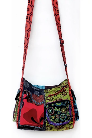pamut, zsebes, válltáska, cipzáras, bélelt, színes, patchwork, mintás, kék, piros, zöld, sárga, barna, fekete, narancs, textil, egyedi, női, kiegészítő, divat, trend
