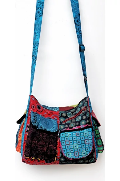 pamut, zsebes, válltáska, cipzáras, bélelt, színes, patchwork, mintás, kék, piros, zöld, sárga, barna, fekete, narancs, textil, egyedi, női, kiegészítő, divat, trend