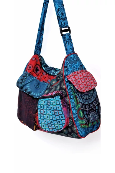 pamut, zsebes, válltáska, cipzáras, bélelt, színes, patchwork, mintás, kék, piros, zöld, sárga, barna, fekete, narancs, textil, egyedi, női, kiegészítő, divat, trend