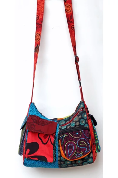 pamut, zsebes, válltáska, cipzáras, bélelt, színes, patchwork, mintás, kék, piros, zöld, sárga, barna, fekete, narancs, textil, egyedi, női, kiegészítő, divat, trend