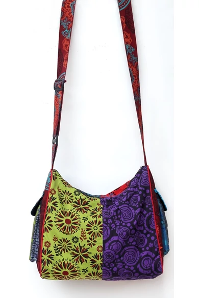 pamut, zsebes, válltáska, cipzáras, bélelt, színes, patchwork, mintás, kék, piros, zöld, sárga, barna, fekete, narancs, textil, egyedi, női, kiegészítő, divat, trend