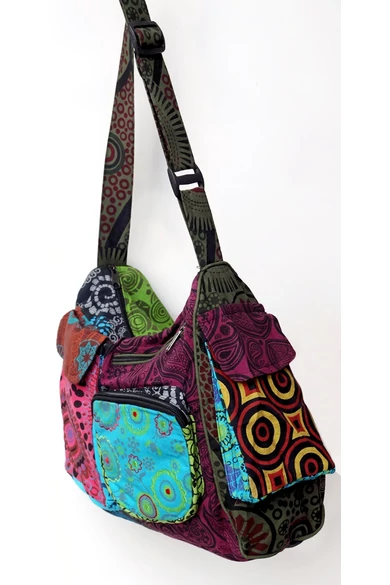 pamut, zsebes, válltáska, cipzáras, bélelt, színes, patchwork, mintás, kék, piros, zöld, sárga, barna, fekete, narancs, textil, egyedi, női, kiegészítő, divat, trend