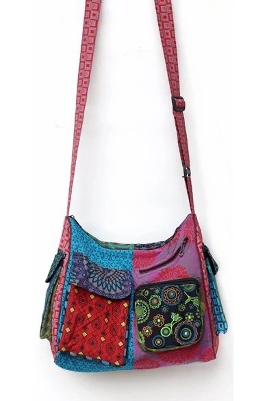 pamut, zsebes, válltáska, cipzáras, bélelt, színes, patchwork, mintás, kék, piros, zöld, sárga, barna, fekete, narancs, textil, egyedi, női, kiegészítő, divat, trend