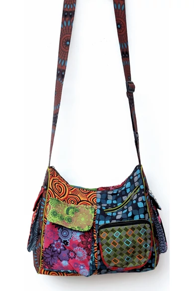 pamut, zsebes, válltáska, cipzáras, bélelt, színes, patchwork, mintás, kék, piros, zöld, sárga, barna, fekete, narancs, textil, egyedi, női, kiegészítő, divat, trend