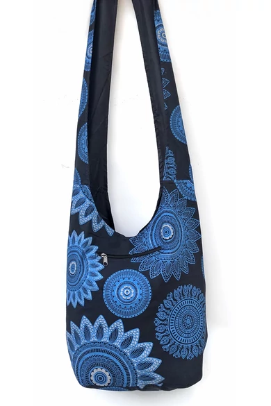 pamut, zsebes, válltáska, virág, mandala, mintás, cipzáras, bélelt, fekete, zöld, kék, színes, narancs, textil, egyedi, női, kiegészítő, divat, trend
