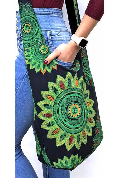 pamut, zsebes, válltáska, virág, mandala, mintás, cipzáras, bélelt, fekete, zöld, kék, színes, narancs, textil, egyedi, női, kiegészítő, divat, trend