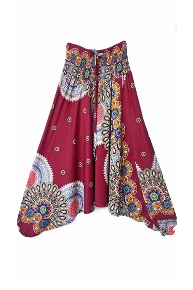 bőszárú, ejtett, ülepű, aladdin, nadrág, gumis, derekú, bordó, színes, mandala, mintás, viszkóz, pamut, lezser, női divat, trend, bohém, elegáns, egyedi, különleges, szellős, kényelmes
