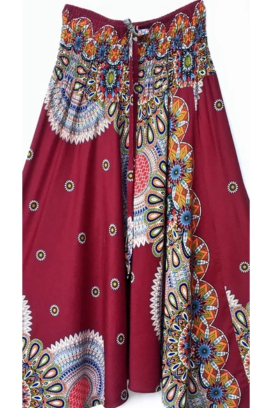 bőszárú, ejtett, ülepű, aladdin, nadrág, gumis, derekú, bordó, színes, mandala, mintás, viszkóz, pamut, lezser, női divat, trend, bohém, elegáns, egyedi, különleges, szellős, kényelmes
