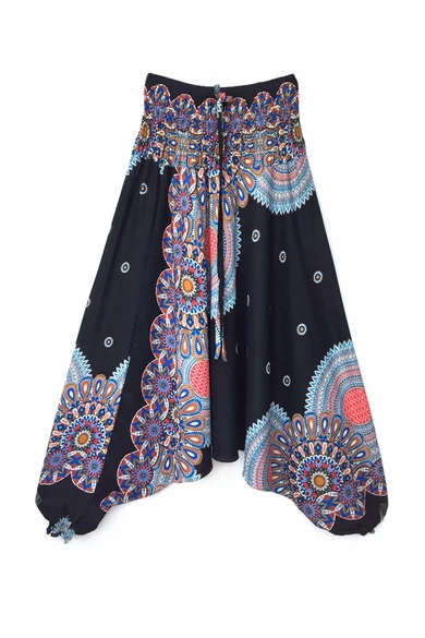 bőszárú, ejtett, ülepű, aladdin, nadrág, gumis, derekú, fekete, színes, mandala, mintás, viszkóz, pamut, lezser, női divat, trend, bohém, elegáns, egyedi, különleges, szellős, kényelmes