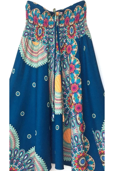 bőszárú, ejtett, ülepű, aladdin, nadrág, gumis, derekú, türkiz, kék, színes, mandala, mintás, viszkóz, pamut, lezser, női divat, trend, bohém, elegáns, egyedi, különleges, szellős, kényelmes