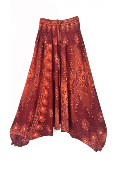 bőszárú, ejtett, ülepű, aladdin, nadrág, gumis, derekú, rozsda, barna, narancs, mandala, mintás, viszkóz, pamut, lezser, női divat, trend, bohém, elegáns, egyedi, különleges, szellős, kényelmes