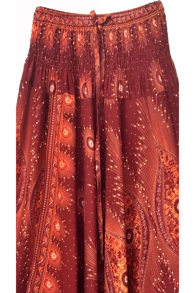 bőszárú, ejtett, ülepű, aladdin, nadrág, gumis, derekú, rozsda, barna, narancs, mandala, mintás, viszkóz, pamut, lezser, női divat, trend, bohém, elegáns, egyedi, különleges, szellős, kényelmes