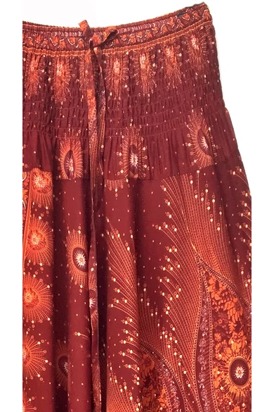 bőszárú, ejtett, ülepű, aladdin, nadrág, gumis, derekú, rozsda, barna, narancs, mandala, mintás, viszkóz, pamut, lezser, női divat, trend, bohém, elegáns, egyedi, különleges, szellős, kényelmes