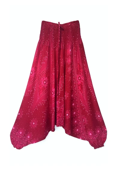 bőszárú, ejtett, ülepű, aladdin, nadrág, gumis, derekú, pink, bordó, mandala, mintás, viszkóz, pamut, lezser, női divat, trend, bohém, elegáns, egyedi, különleges, szellős, kényelmes