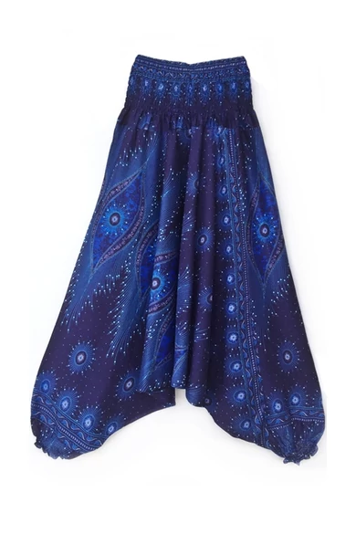 bőszárú, ejtett, ülepű, aladdin, nadrág, gumis, derekú, kék, színes, mandala, mintás, viszkóz, pamut, lezser, női divat, trend, bohém, elegáns, egyedi, különleges, szellős, kényelmes