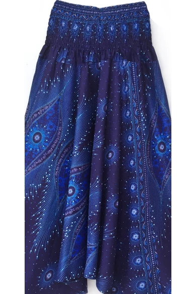 bőszárú, ejtett, ülepű, aladdin, nadrág, gumis, derekú, kék, színes, mandala, mintás, viszkóz, pamut, lezser, női divat, trend, bohém, elegáns, egyedi, különleges, szellős, kényelmes