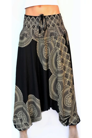 bőszárú, ejtett, ülepű, aladdin, nadrág, gumis, derekú, fekete, krém, színes, mandala, mintás, viszkóz, pamut, lezser, női divat, trend, bohém, elegáns, egyedi, különleges, szellős, kényelmes