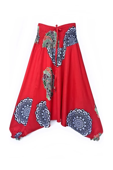 bőszárú, ejtett, ülepű, aladdin, nadrág, gumis, derekú, piros, színes, mandala, mintás, viszkóz, pamut, lezser, női divat, trend, bohém, elegáns, egyedi, különleges, szellős, kényelmes