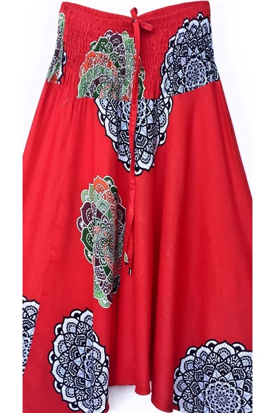 bőszárú, ejtett, ülepű, aladdin, nadrág, gumis, derekú, piros, színes, mandala, mintás, viszkóz, pamut, lezser, női divat, trend, bohém, elegáns, egyedi, különleges, szellős, kényelmes
