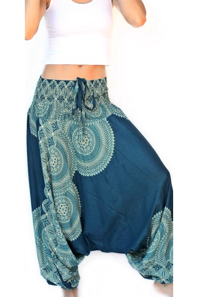 bőszárú, ejtett, ülepű, aladdin, nadrág, gumis, derekú, türkiz, kék, zöld, sárga, krém, színes, mandala, mintás, viszkóz, pamut, lezser, női divat, trend, bohém, elegáns, egyedi, különleges, szellős, kényelmes
