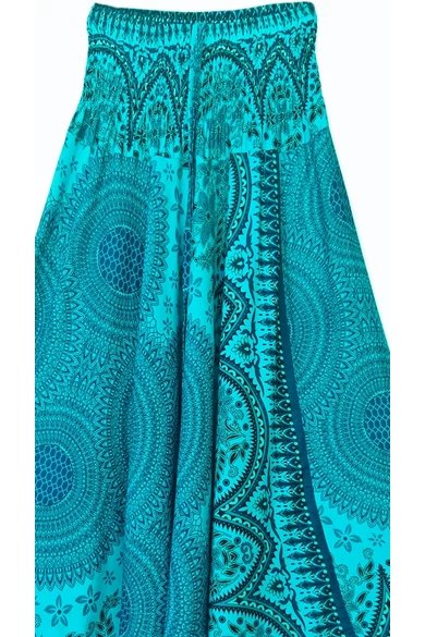 bőszárú, ejtett, ülepű, aladdin, nadrág, gumis, derekú, azúr, zöld, kék, színes, mandala, mintás, viszkóz, pamut, lezser, női divat, trend, bohém, elegáns, egyedi, különleges, szellős, kényelmes