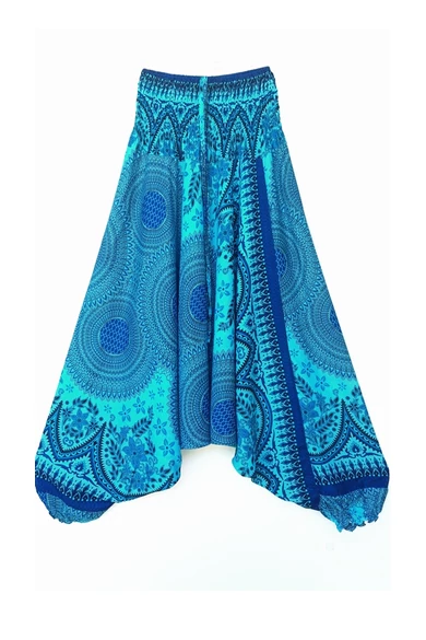bőszárú, ejtett, ülepű, aladdin, nadrág, gumis, derekú, tenger, kék, színes, mandala, mintás, viszkóz, pamut, lezser, női divat, trend, bohém, elegáns, egyedi, különleges, szellős, kényelmes