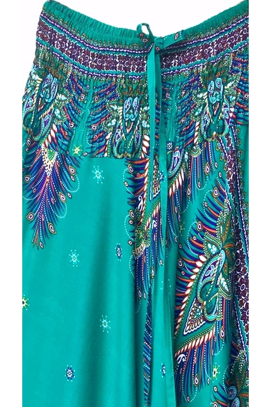 bőszárú, ejtett, ülepű, aladdin, nadrág, gumis, derekú, zöld, színes, pávatoll, mintás, viszkóz, pamut, lezser, női divat, trend, bohém, elegáns, egyedi, különleges, szellős, kényelmes