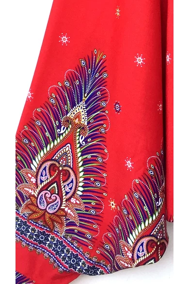 bőszárú, ejtett, ülepű, aladdin, nadrág, gumis, derekú, piros, színes, pávatoll, mintás, viszkóz, pamut, lezser, női divat, trend, bohém, elegáns, egyedi, különleges, szellős, kényelmes