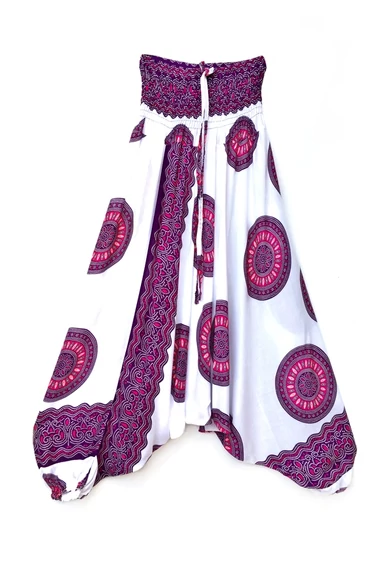 bőszárú, ejtett, ülepű, aladdin, nadrág, gumis, derekú, fehér, pink, lila, mandala, mintás, viszkóz, pamut, lezser, női divat, trend, bohém, elegáns, egyedi, különleges, szellős, kényelmes