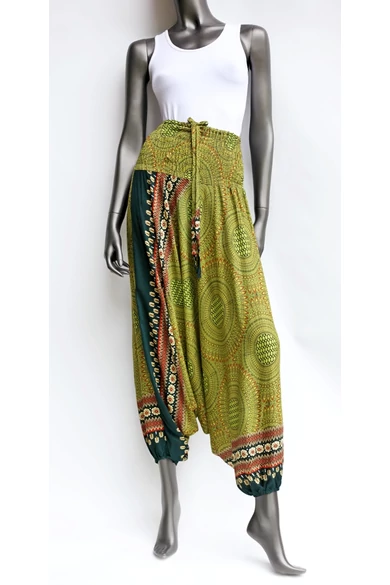 bőszárú, ejtett, ülepű, aladdin, nadrág, gumis, derekú, mustár,sárga, barna, zöld, színes, mandala, mintás, viszkóz, pamut, lezser, női divat, trend, bohém, elegáns, egyedi, különleges, szellős, kényelmes