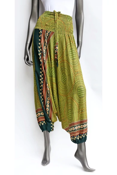bőszárú, ejtett, ülepű, aladdin, nadrág, gumis, derekú, mustár,sárga, barna, zöld, színes, mandala, mintás, viszkóz, pamut, lezser, női divat, trend, bohém, elegáns, egyedi, különleges, szellős, kényelmes