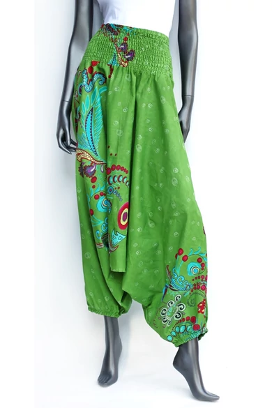 bőszárú, ejtett, ülepű, aladdin, nadrág, gumis, derekú, zöld, kiwi, aloe, színes, virágos, viszkóz, pamut, lezser, női divat, trend, bohém, elegáns, egyedi, különleges, szellős, kényelmes