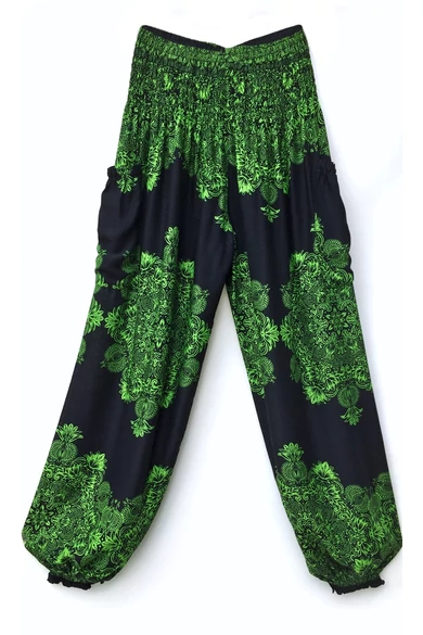 bőszárú, zsebes, jázmin, nadrág, gumis, derekú, fekete, zöld, csipke, mandala, mintás, viszkóz, lezser, női divat, trend, bohém, szellős, kényelmes