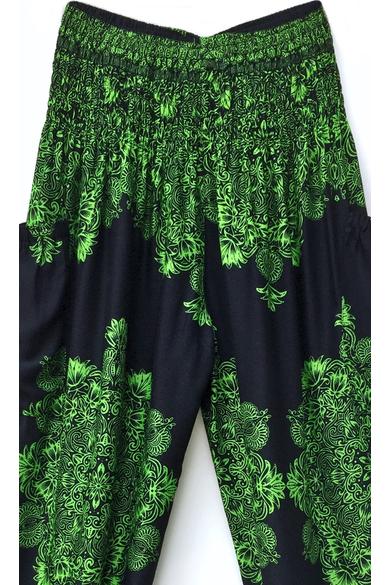 bőszárú, zsebes, jázmin, nadrág, gumis, derekú, fekete, zöld, csipke, mandala, mintás, viszkóz, lezser, női divat, trend, bohém, szellős, kényelmes