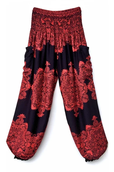 bőszárú, zsebes, jázmin, nadrág, gumis, derekú, fekete, piros, csipke, mandala, mintás, viszkóz, lezser, női divat, trend, bohém, szellős, kényelmes
