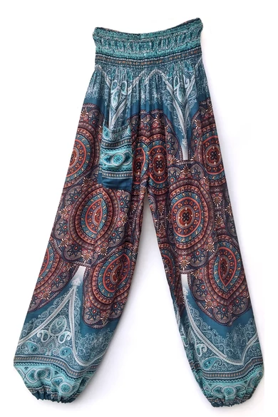 bőszárú, zsebes, jázmin, nadrág, gumis, derekú, türkiz, barna, narancs, mandala, mintás, viszkóz, lezser, női divat, trend, bohém, szellős, kényelmes