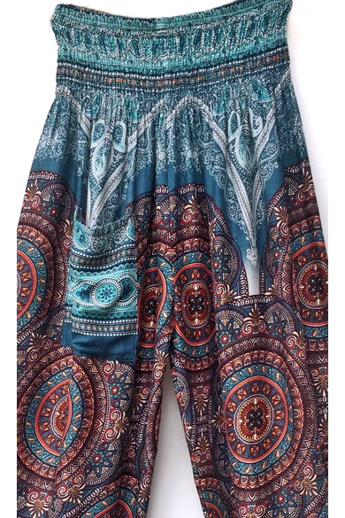 bőszárú, zsebes, jázmin, nadrág, gumis, derekú, türkiz, barna, narancs, mandala, mintás, viszkóz, lezser, női divat, trend, bohém, szellős, kényelmes