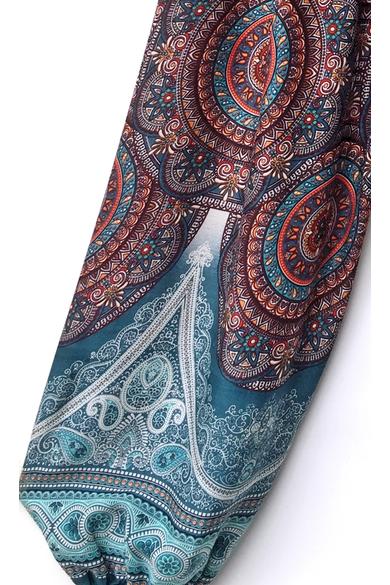 bőszárú, zsebes, jázmin, nadrág, gumis, derekú, türkiz, barna, narancs, mandala, mintás, viszkóz, lezser, női divat, trend, bohém, szellős, kényelmes