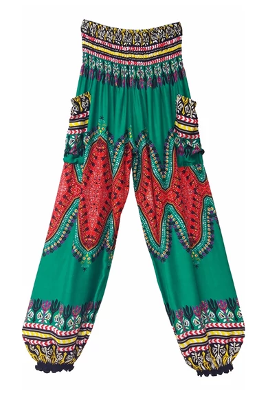 bőszárú, zsebes, jázmin, nadrág, gumis, derekú, zöld, piros, színes, kör, mintás, viszkóz, pamut, lezser, női divat, trend, bohém, elegáns, egyedi, különleges, szellős, kényelmes