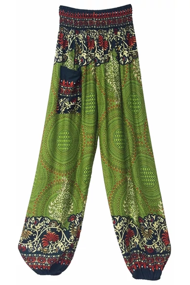 bőszárú, zsebes, jázmin, nadrág, gumis, derekú, olíva, zöld, krém, színes, levél, inda, mandala, mintás, viszkóz, pamut, lezser, női divat, trend, bohém, elegáns, egyedi, különleges, szellős, kényelmes
